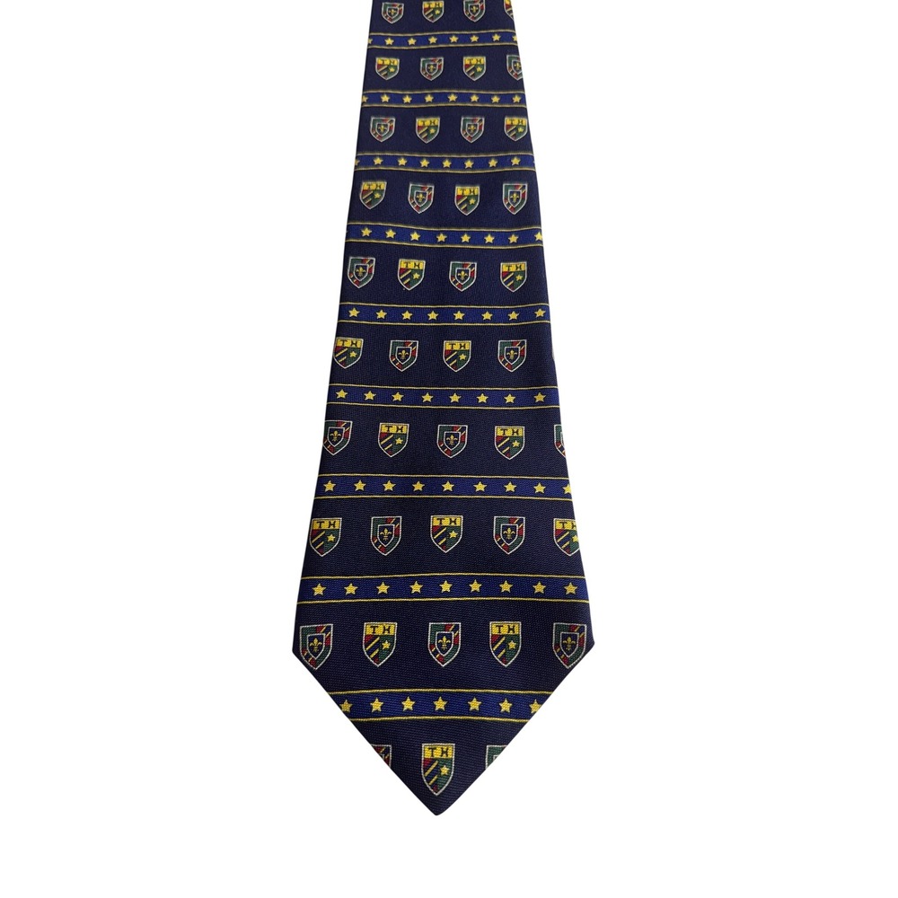 Tommy Hilfiger Tie OS Navy Crest Star Silk 90s Vintage Wide Blade Necktie